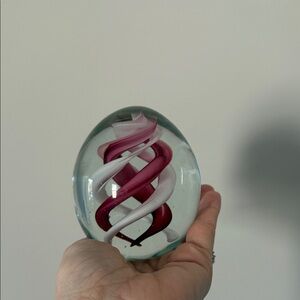 Pink White Ribbon Spiral Swirl Art Glass Egg Shape Paperweight